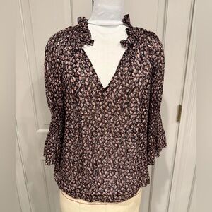 Rebecca Taylor Floral Ruffle Neck Women's Top - Black and Pink Silk Small